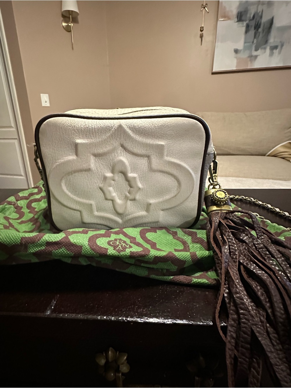 Tory Burch White Embossed Crossbody with Brown Tassel